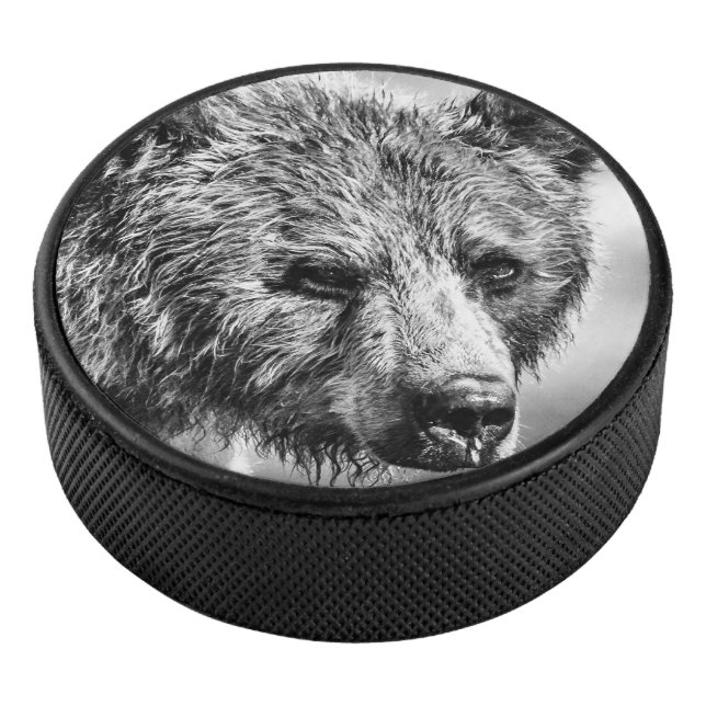 Grizzly bear portrait hockey puck (3/4)