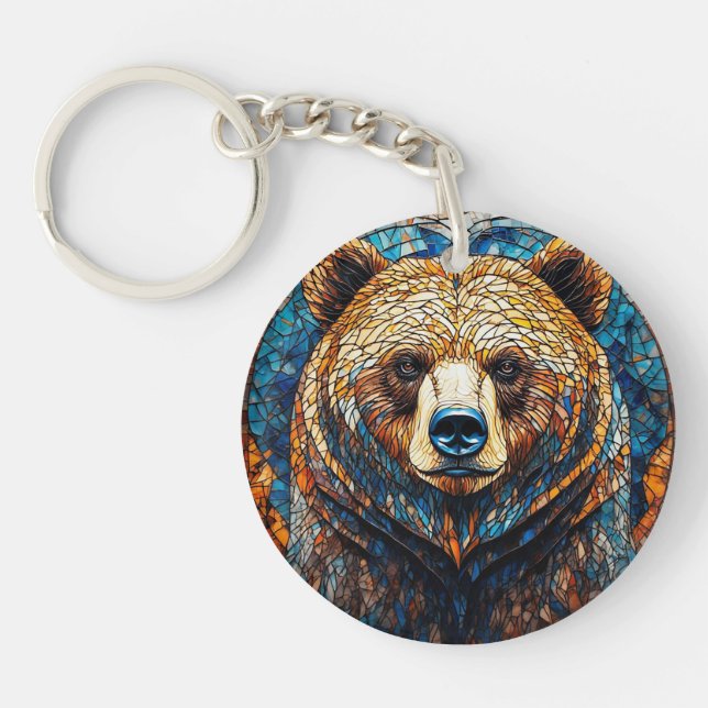 Grizzly Bear Portrait in a Stained Glass Art Key Ring (Front)