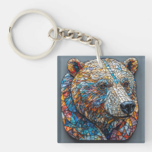 Grizzly Bear Portrait in a Stained Glass Art Key Ring