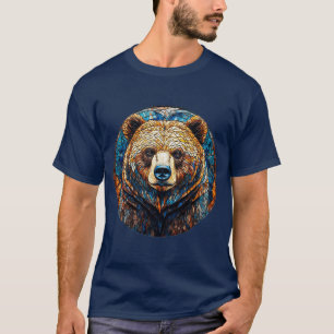 Grizzly Bear Portrait in a Stained Glass Art T-Shirt