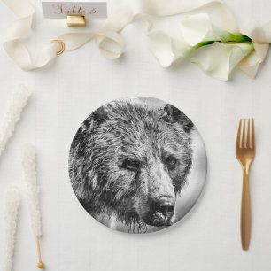 Grizzly bear portrait paper plate