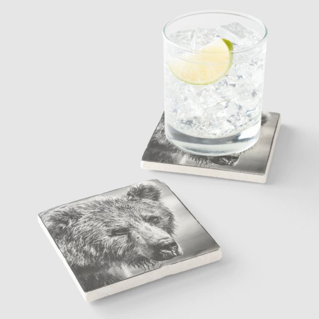 Grizzly bear portrait stone coaster (Side)