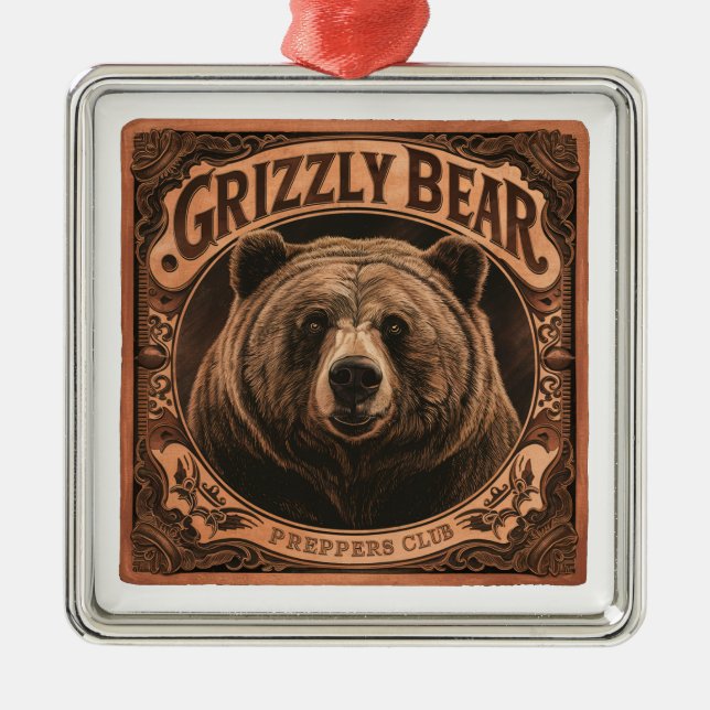 Grizzly Bear Preppers Club Metal Tree Decoration (Front)