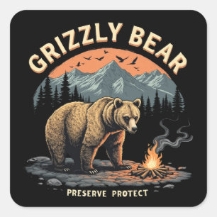 Grizzly Bear Preserve and Protect Square Sticker