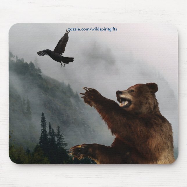 Grizzly Bear & Raven Fantasy Wildlife Mousepad (Front)