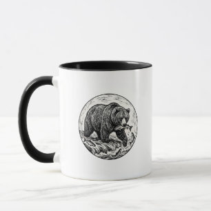 Grizzly Bear Salmon Woodcut Black Accent Mug