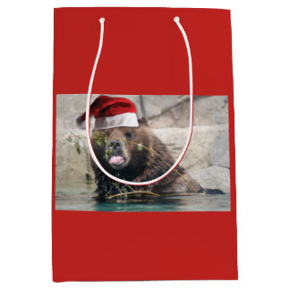Grizzly Bear Santa Claus Medium Gift Bag