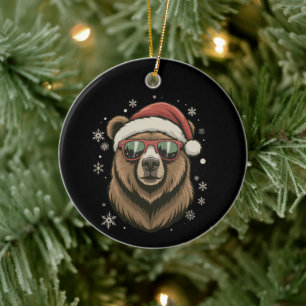 Grizzly Bear Santa Hat Funny Cute Animal Lover Ceramic Tree Decoration