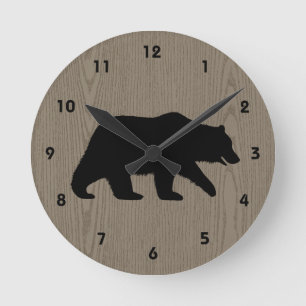 Grizzly Bear Silhouette on Faux Wood Round Clock