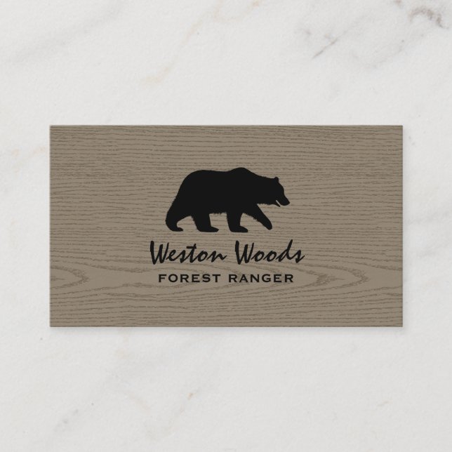 Grizzly Bear Silhouette on Faux Wood | Wildlife Business Card (Front)