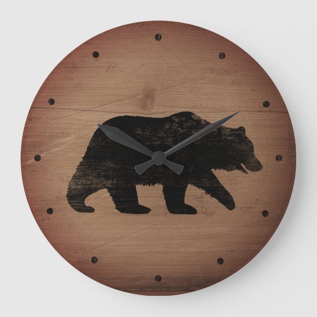 Grizzly Bear Silhouette Rustic Style Large Clock (Front)