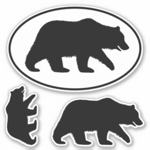 Grizzly Bear Silhouettes Oval and Die Cut Stickers