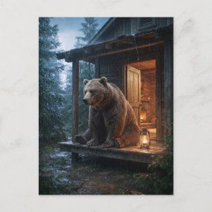 Grizzly Bear Sitting on Porch of Cosy Cabin Holiday Postcard