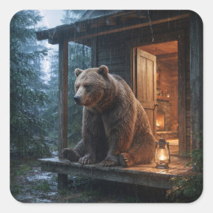 Grizzly Bear Sitting on Porch of Cosy Cabin Square Sticker