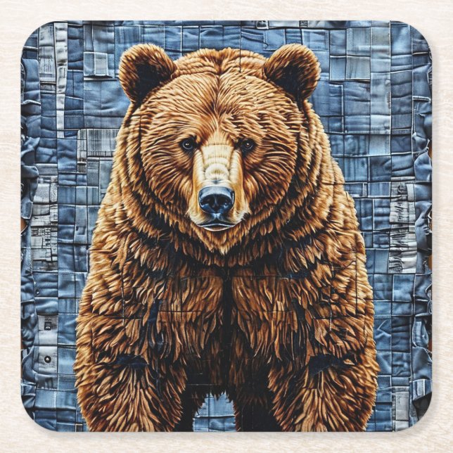 Grizzly bear square paper coaster (Front)