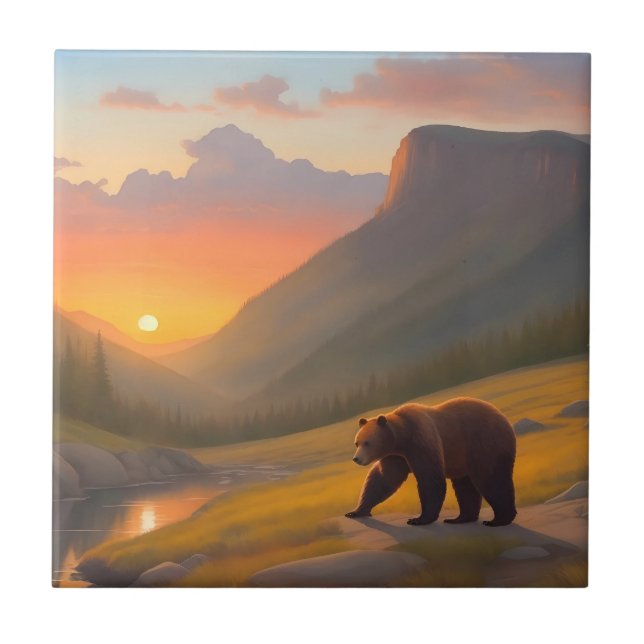 Grizzly Bear Sunset Forest Cabin Lodge Tile (Front)