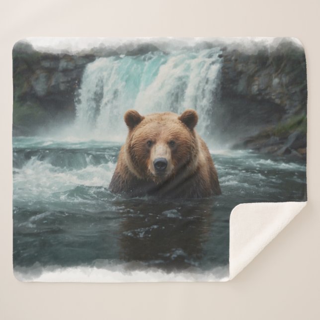 Grizzly Bear & Waterfall Wildlife Design Sherpa Blanket (Front (Horizontal))