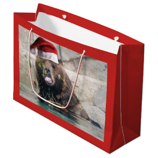 Grizzly Bear Wearing a Santa Claus Hat Large Gift Bag