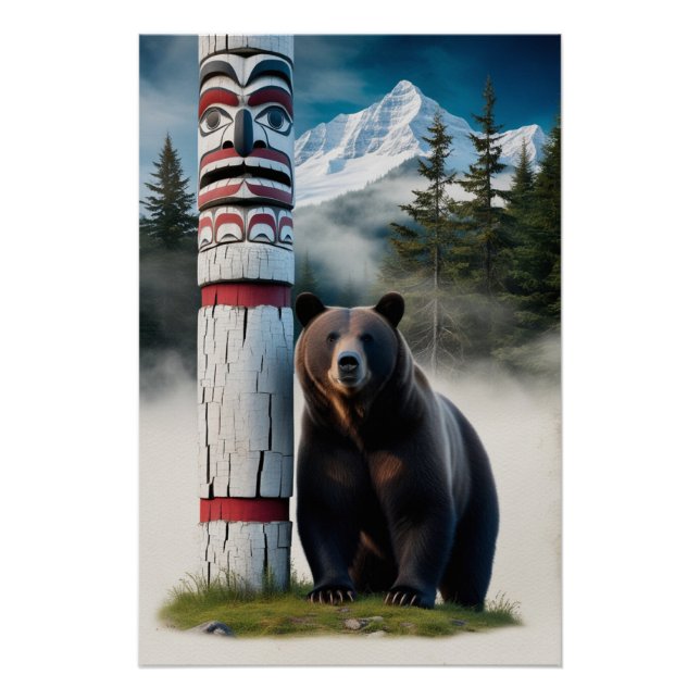 Grizzly Bear with Totem Pole Wildlife Art Poster (Front)