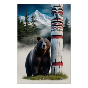 Grizzly Bear with Totem Pole Wildlife Art Poster