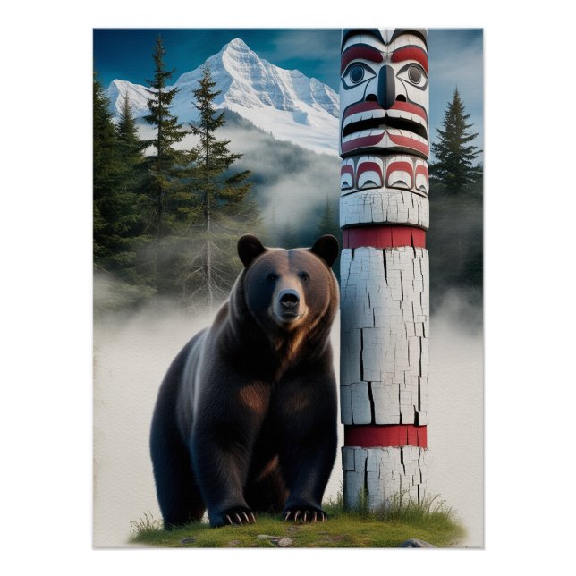Grizzly Bear with Totem Pole Wildlife Art Poster (Front)