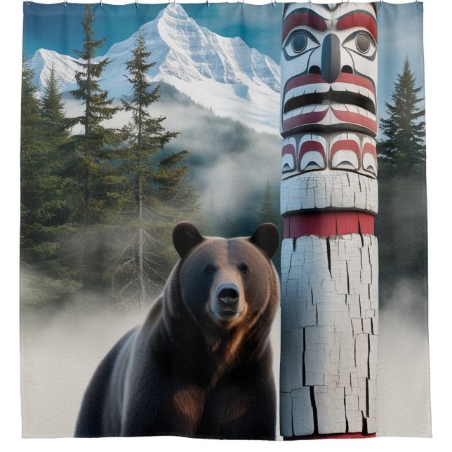 Grizzly Bear with Totem Pole Wildlife Art Shower Curtain (Front)