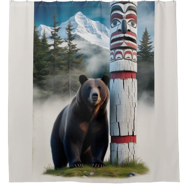 Grizzly Bear with Totem Pole Wildlife Art Shower Curtain (Front)