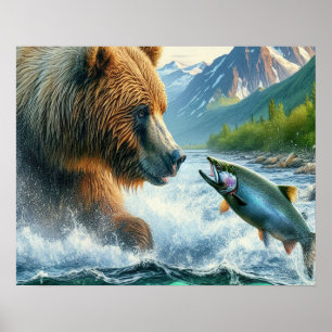 Grizzly Bears with steelhead trout salmon 16x20 Poster