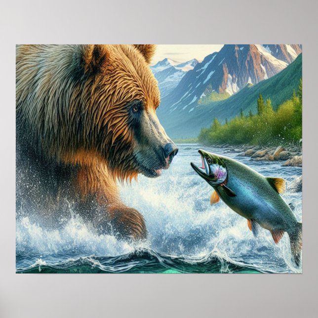 Grizzly Bears with steelhead trout salmon 16x20 Poster (Front)