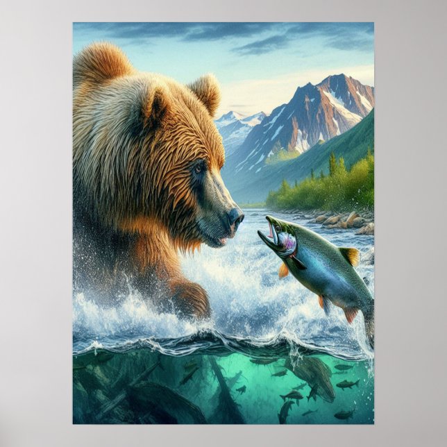 Grizzly Bears with steelhead trout salmon 18x24 Poster (Front)