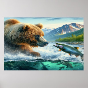 Grizzly Bears with steelhead trout salmon 36x24 Poster