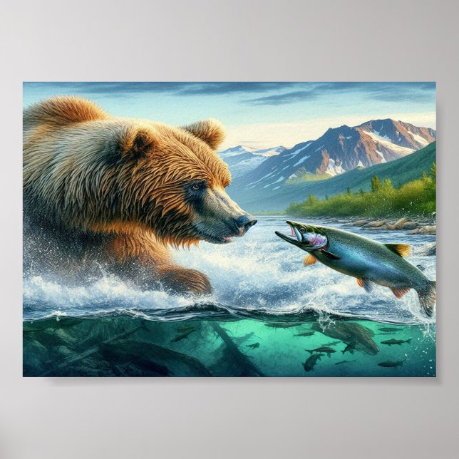Grizzly Bears with steelhead trout salmon 7x5 Poster (Front)