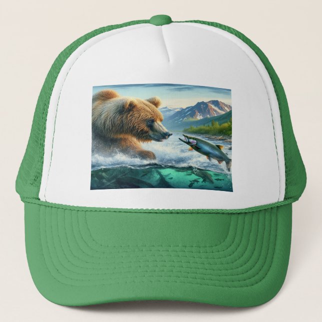 Grizzly Bears with steelhead trout salmon 7x5 Trucker Hat (Front)