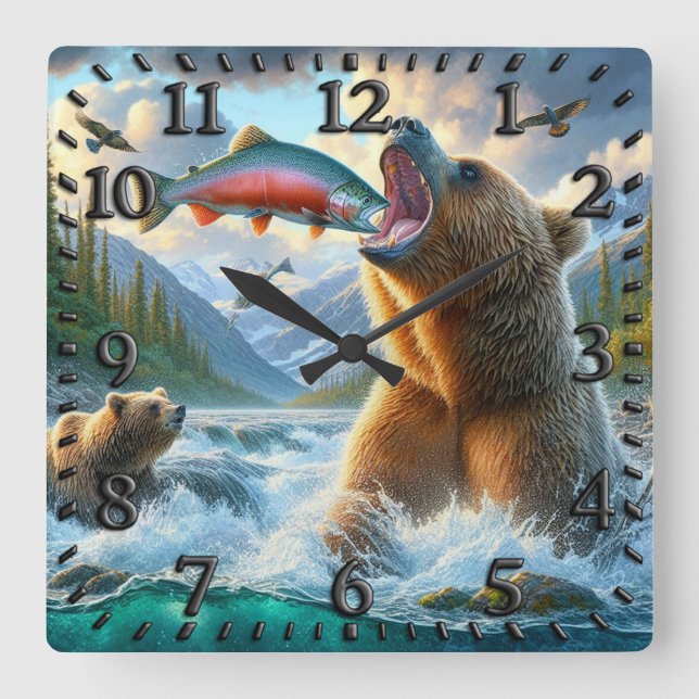 Grizzly Bears with steelhead trout salmon jumping Square Wall Clock (Front)