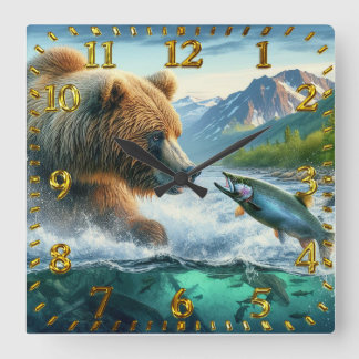 Grizzly Bears with steelhead trout salmon leaping Square Wall Clock