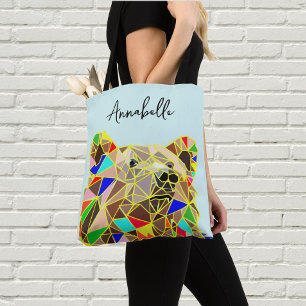 Grizzly Colourful Modern - Custom Name - Teal Blue Tote Bag
