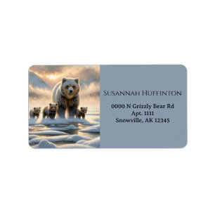 Grizzly Mother Baby Bear Cubs Frozen Lake Label