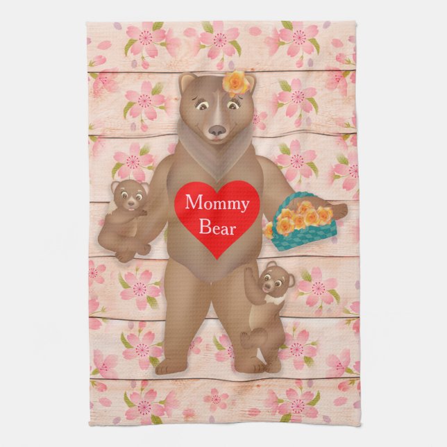 Grizzly Mummy Bear with cubs, Mum love! Tea Towel (Vertical)