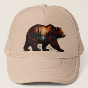 Grizzly silhouette against mountains trucker hat