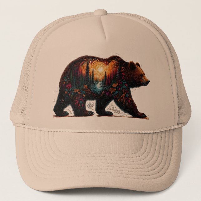 Grizzly silhouette against mountains  trucker hat (Front)