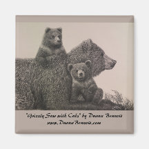 "Grizzly Sow with Cubs" drawing on a magnet