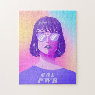 GRL Power Typography & Girl Feminist Purple Hair   Jigsaw Puzzle