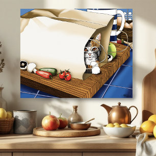 Groceries Paper Bag Cat Kitchen Blue Poster