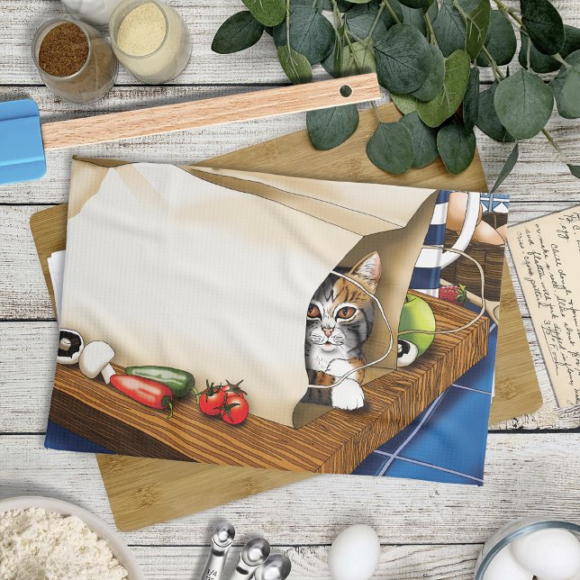 Groceries Paper Bag Cat Ktichen Blue Tea Towel (Creator Uploaded)