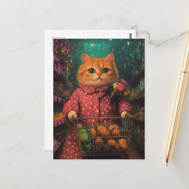 Grocery Shopping Adorable Ginger Cat  Postcard (Front/Back In Situ)