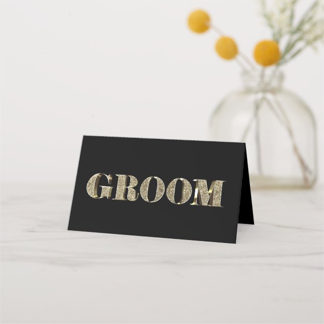 Groom Black and Gold Golden Glitter Typography Place Card (Front)