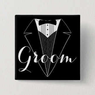 Groom Black and White Tux Wedding Party Button
