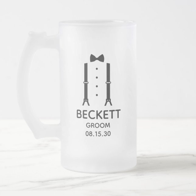Groom Black Bow Tie Frosted Glass Beer Mug (Left)