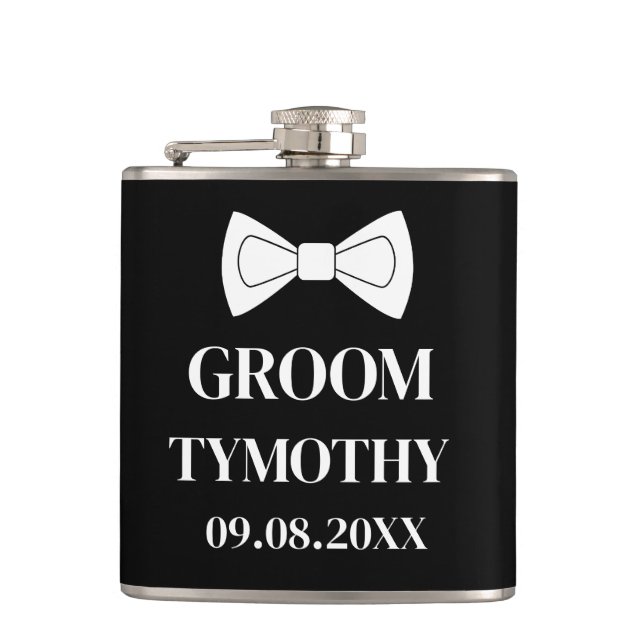 Groom Black Elegant Modern Gifts Wedding Hip Flask (Front)