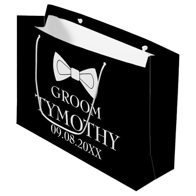 Groom Black Elegant Modern Name Gifts Wedding Larg Large Gift Bag (Front Angled)